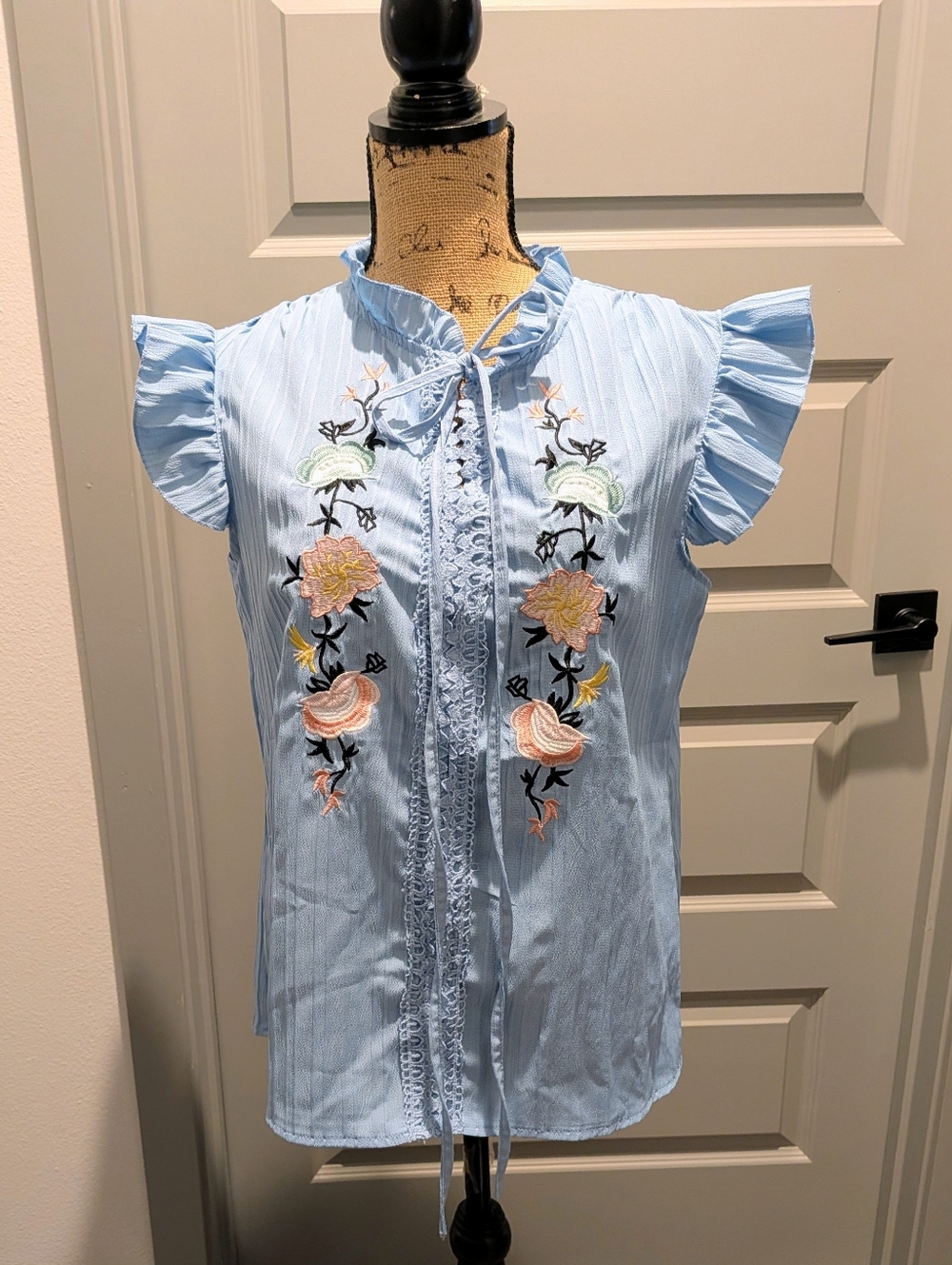 Light Blue Embroidered Ruffle Sleeve Top - Picture 4 of 7